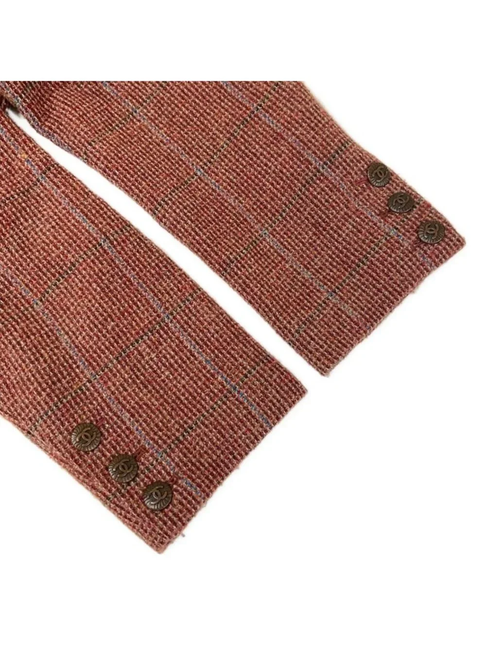 Chanel Jacket 38 M Red Dark Brown Multi Shoulder Pad Long Sleeve Check Pattern